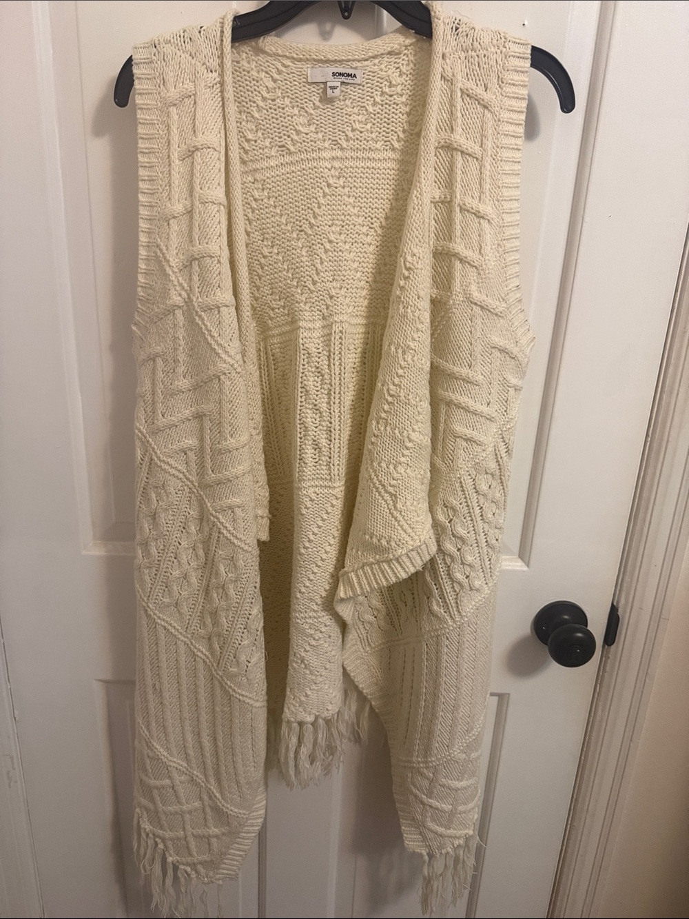 Sonoma Cream Cable Knit Fringe Open-Front Vest